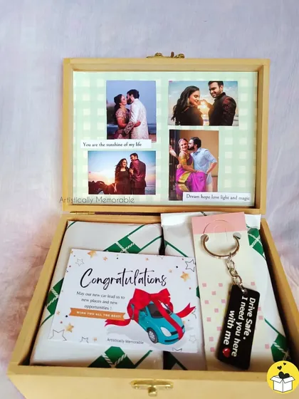 I can create a hamper for any milestone, like this one to say "Congratulations" on a new car. It includes a "Drive Safe" keychain and a custom photo collage of happy memories.