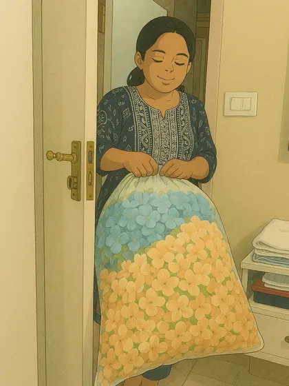 This artwork shows a member of my team with a bag full of flowers, ready to be turned into a beautiful arrangement. It's a whimsical look at the fresh ingredients I use.