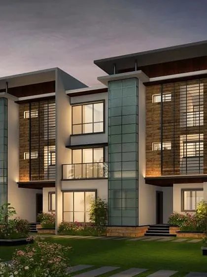 This architectural render presents a row housing project we designed. The concept balances individual identity for each home with a harmonious community aesthetic, using modern forms, natural materials, and integrated green spaces.