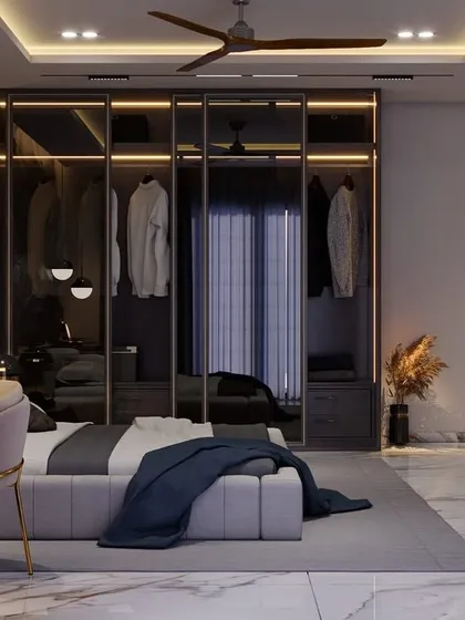A 3D render of a bedroom with a dark, moody aesthetic. This design features a stunning textured stone wall, pendant lighting, and a glass wardrobe, creating a space that is both dramatic and luxurious.