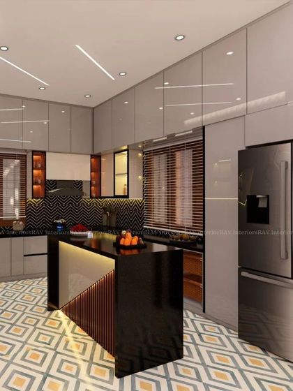 A full view of a kitchen with a striking geometric-patterned floor and a large island, combining traditional and modern elements.