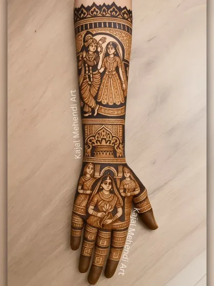 This is an example of a full-arm design featuring a portrait of Radha and Krishna. I often get requests for such divine themes, and I love bringing them to life.