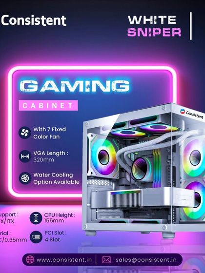 The White Sniper gaming cabinet is a compact powerhouse with a clean white finish and seven fixed-color fans for maximum cooling. It supports water cooling and features a full-view tempered glass panel to showcase your M-ATX or ITX build.