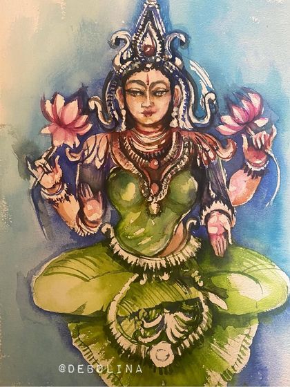 A watercolor interpretation of Goddess Lakshmi for Varamahalakshmi Pooja. This piece has a more fluid, modern folk art feel, blending traditional iconography with my personal style.