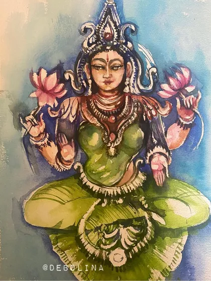 A watercolor painting of Goddess Lakshmi, inspired by traditional South Indian sculptures. The use of green and blue hues gives this piece a unique and divine feel.