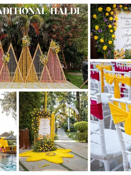 A "Traditional Haldi" theme with a modern twist. This setup features geometric backdrops with marigold flowers, yellow-themed poolside cabanas, and bright chair ties to create a cohesive and sunny look.