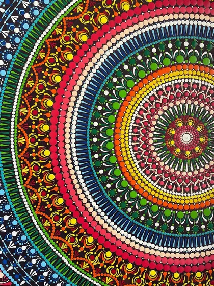This 24-inch dot mandala is a piece of my heart, created with thousands of tiny, mindful dots. It shows the incredible depth and vibrancy we can achieve with patience and simple tools, a style I love teaching in my advanced workshops.