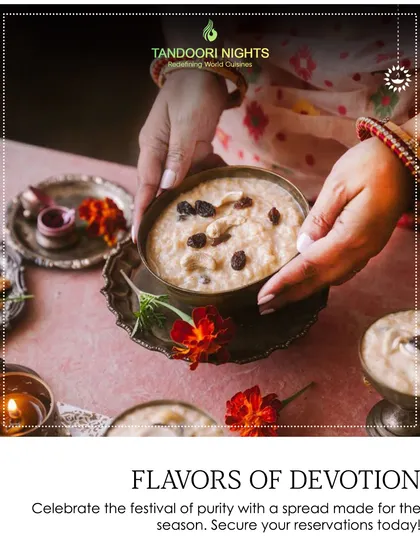 We capture the flavors of devotion in every dish. A bowl of traditional kheer being served during Navratri, embodying the purity and warmth of the festive season.