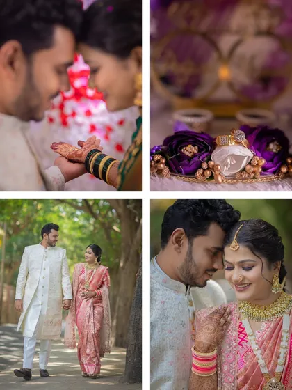 A collection of candid and posed shots of a couple, including a close-up of their engagement rings.