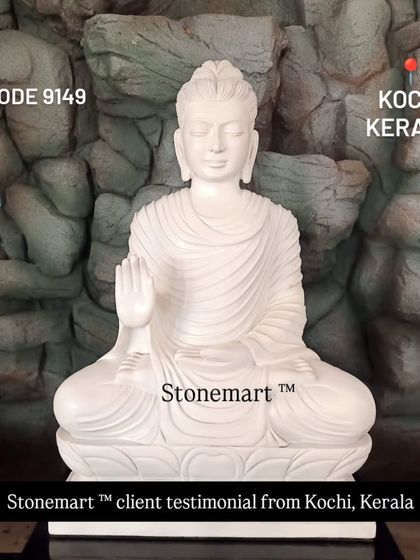 A close-up of the 3-foot Abhaya Mudra Buddha statue sent to our client in Kochi. The intricate carving in the Gandhara style is clearly visible in this beautiful shot.