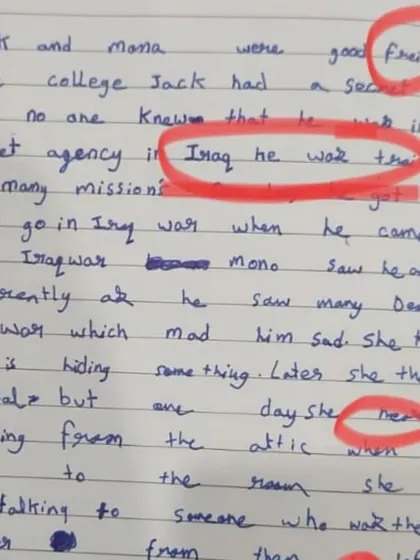 This is what the writing process looks like. We work together to spot areas for improvement, like sentence structure and word choice. My feedback helps students learn to self-edit and strengthen their narrative skills.