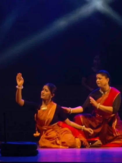 A powerful moment from 'Songs of the Millstone'. The performance focuses on the bhava, or inner feelings, of working women, and this image captures a moment of shared experience and storytelling.