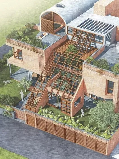 This architectural render showcases a home with extensive green roofs and a central, glass-covered staircase. Visualizations like this are key to exploring sustainable design ideas like rainwater harvesting and integrated solar panels.