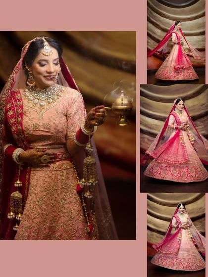 A beautiful collage of bridal portraits, combining a detailed close-up with several full-length shots to showcase her entire wedding look.