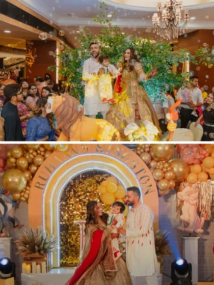A collage from a "Kingston" jungle-themed birthday. From the bubble-filled grand entrance to the golden balloon arch, every detail was designed for a magical celebration.