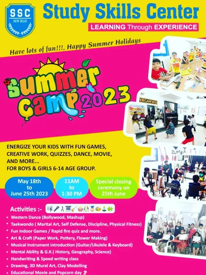 Our summer camps are a blend of fun and learning. This poster from our 2023 camp shows the wide range of activities we offer, including Western dance, Taekwondo, art, mental ability classes, and much more, all designed for holistic development.