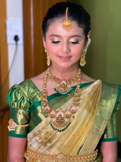 A close-up of the soft, shimmery eye makeup.