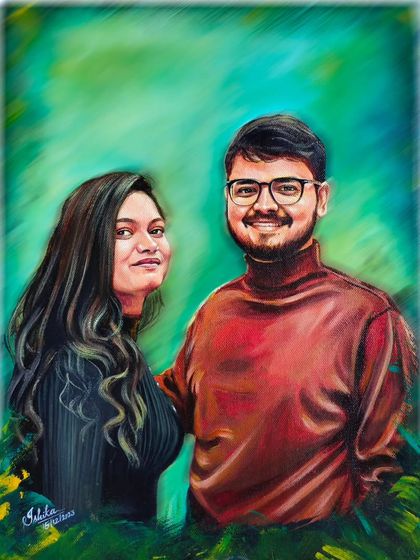 A closer look at the couple's acrylic portrait, showing the brushwork and color blending used to create a soft yet vibrant effect.
