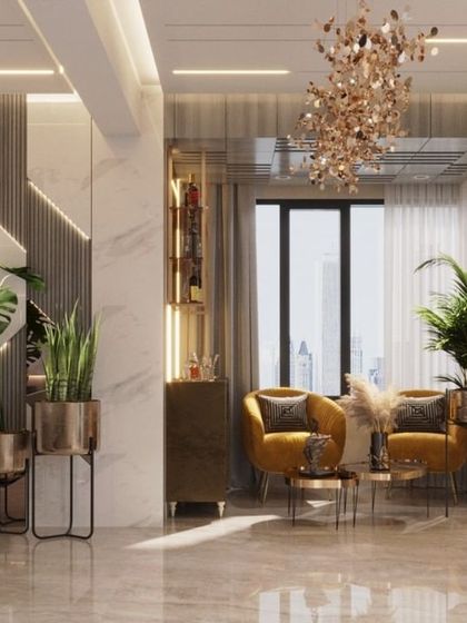 We create beautiful corners for those deep conversations. This cozy seating nook in a Lucknow residence uses bold yellow armchairs, metallic planters, and intricate wall paneling to design an intimate and stylish space for two.