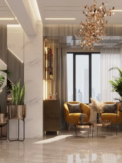 We create beautiful corners for those deep conversations. This cozy seating nook in a Lucknow residence uses bold yellow armchairs, metallic planters, and intricate wall paneling to design an intimate and stylish space for two.