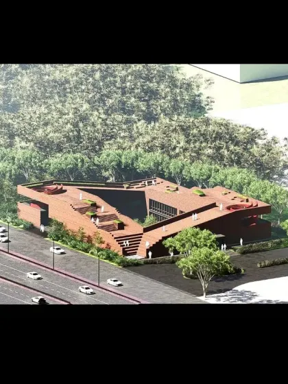 An aerial view of our first Nagpur Museum concept, showing how the building's form creates a dynamic relationship with the surrounding landscape and urban context.