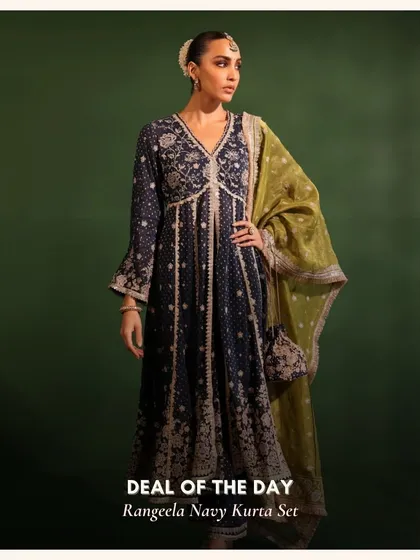 Here is your deal of the day. The Rangeela Navy Kurta Set, paired here with a matching embroidered potli, is a royal and elegant choice for any grand celebration. This is your chance to get this stunning look at a special price.