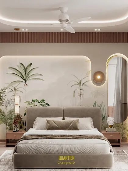 A 3D design for a guest bedroom at Cleo County. The room features a beautiful botanical wallpaper behind the bed, framed by a custom-designed backlit panel that creates a soft, inviting glow.
