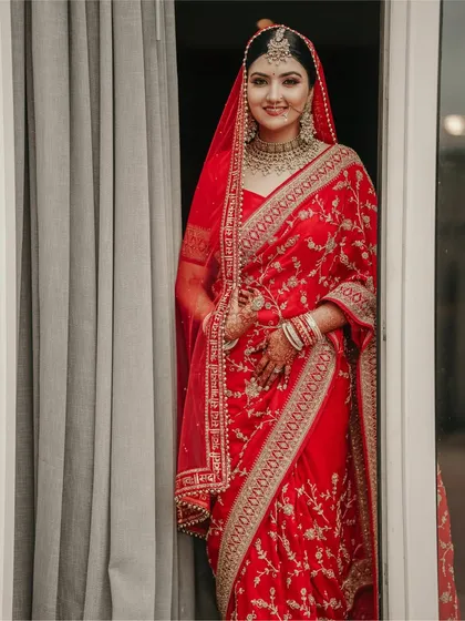 The radiant bride. We take time to create stunning bridal portraits that capture the elegance, grace, and anticipation of the wedding day. This portrait showcases the intricate beauty of traditional Indian wedding attire.