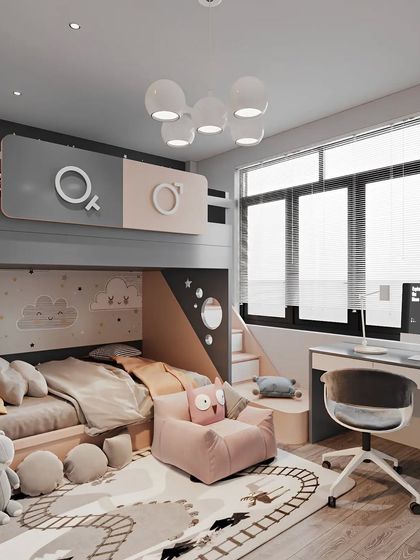 This playful shared room uses gender symbols to designate the upper and lower bunks. The design includes a cozy armchair, a shared desk, and a fun road-themed rug, making it a perfect space for a brother and sister.