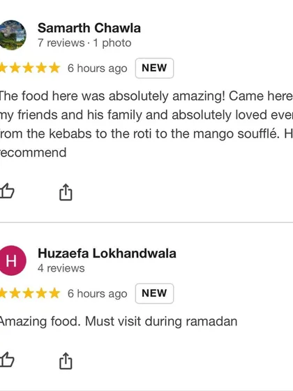 More 5-star reviews from happy customers. They loved everything from the kebabs and roti to the mango soufflé. We are so grateful for the high recommendations.
