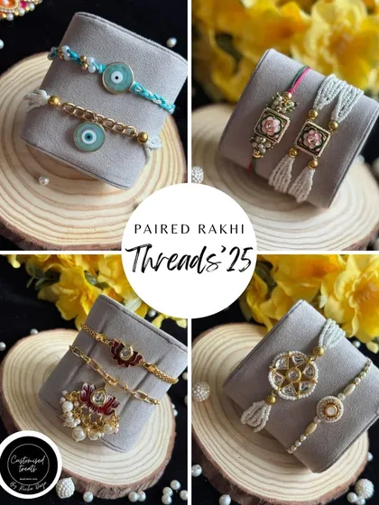 A glimpse into my collection of modern and elegant paired Rakhi sets. This collage features evil eye designs, lotus motifs, and classic kundan work for a sophisticated look.