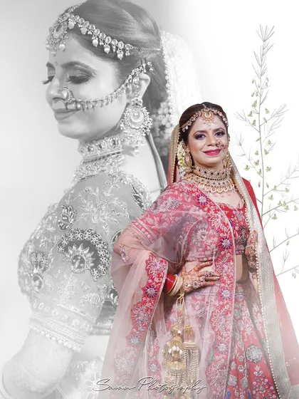 A creative bridal portrait blending a black and white image with a color photo, highlighting her stunning features.