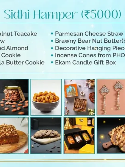 Here is a look at the contents of our 'Sidhi Hamper'. It features a Chocolate Walnut Teacake, cookies, savoury snacks, and other festive goodies.