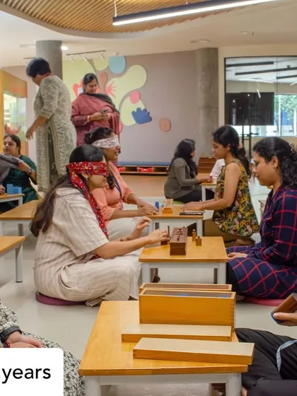 Our faculty recently led an intensive 5-day workshop at Kai Early Years. Here, educators are blindfolded while working with sensorial materials to heighten their tactile perception, an experience that deepens their understanding of how children learn.