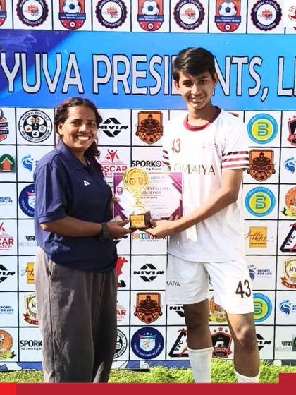 Hanzala Siddiqui receives the Player of the Match award after the Somaiya FC U-16 team's 4-0 victory in the MFA YPL.