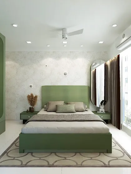 I designed this master bedroom as a tranquil retreat, using a soothing sage green for the custom bed and wardrobes. The full-length, rounded-panel closets provide ample storage while adding a soft, contemporary feel, and the large window allows natural light to fill the room, creating a bright and airy atmosphere.