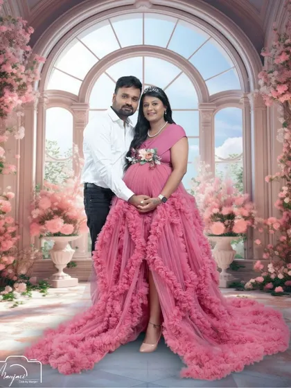 A fairytale moment for this beautiful couple. The AI-enhanced background adds a magical, palatial feel to their portrait.