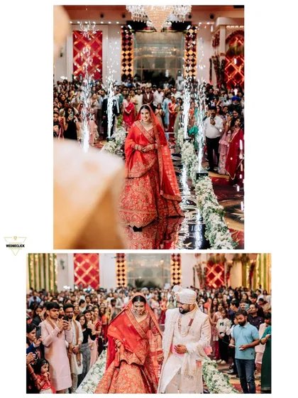 A collage showing the bride's walk down the aisle, surrounded by guests and pyrotechnics, creating a truly cinematic wedding moment.