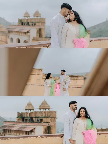 A collage of moments overlooking the hills from Amer Fort, showing the couple's connection amidst the breathtaking scenery.