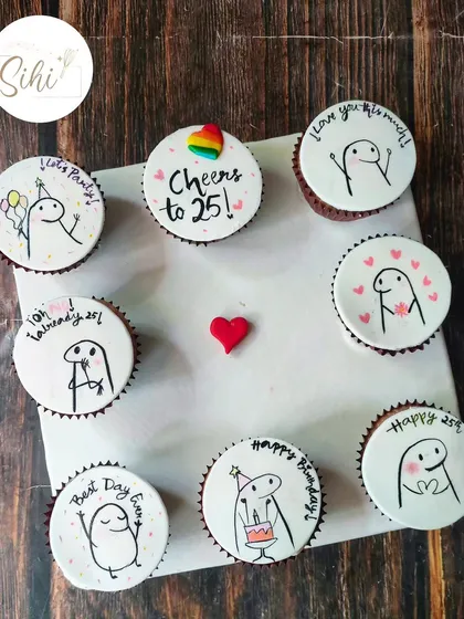 I love keeping up with fun trends, like these Flork of Cows meme cupcakes. Each one is hand-painted with a different funny and relatable character for a 25th birthday celebration.