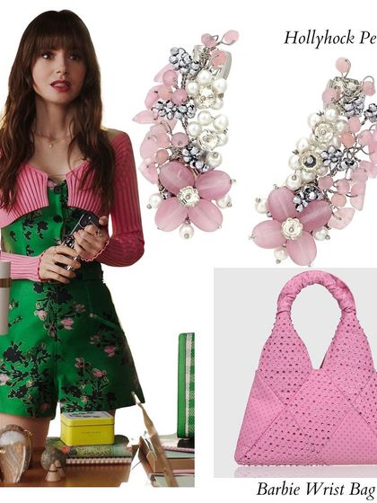 Another "Emily in Paris" inspired look. This pink and green playsuit is accessorized with our Hollyhock Petal earcuffs and a matching pink wrist bag, capturing the show's fun and fashionable spirit.