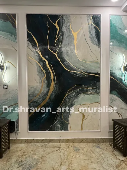 For this villa's living room, I created a custom granite texture mural that mimics the look of natural, high-end stone. By blending shades of blue, black, and white and adding veins of gold, I achieved a sophisticated and modern look that feels both organic and luxurious.