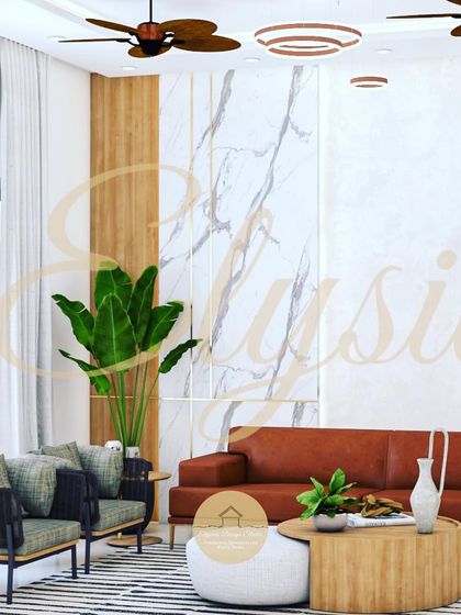 A living area design that balances modern and natural elements. A marble-paneled feature wall is complemented by wood accents, a comfortable leather sofa, and plenty of indoor plants.