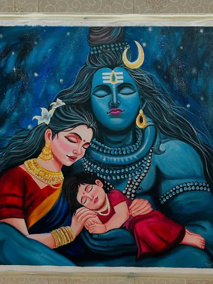 This large acrylic painting of Shiv Parivar captures a moment of divine peace. It's a 24x24 inch canvas, perfect for creating a serene and spiritual corner in your home. The deep blues and starry background make it truly special.