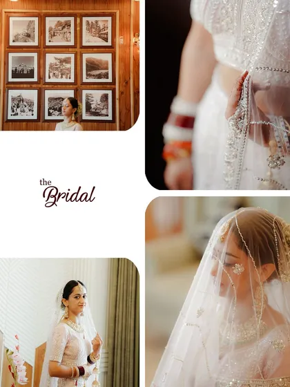 A collage of a bride in an elegant white lehenga, capturing her moments of quiet reflection and the delicate details of her veil.