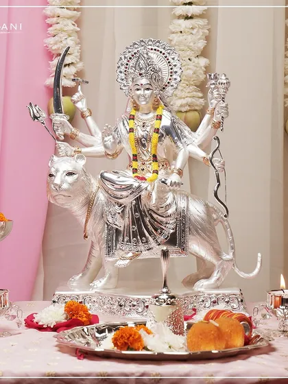 I present this pure silver Mata Rani moorti from my Devaarya Collection, a symbol of divine strength and serenity. The exceptional detail in this sacred idol is a testament to my commitment to creating pieces that bring blessings and spiritual grace into your home.