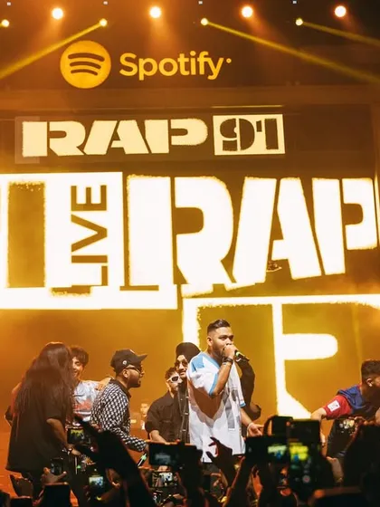 The whole crew on stage for Spotify Rap 91 Live. A powerful moment showing the unity of the city's hip hop scene.