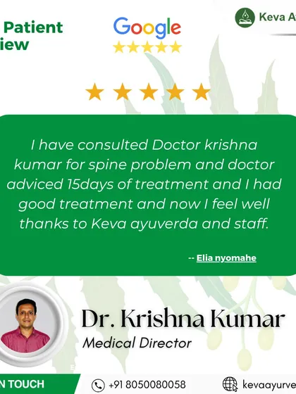 This 5-star review from a patient I treated for a spine problem highlights my core approach: a thorough diagnosis followed by a targeted treatment plan. It's gratifying to see patients like Elia feel well again through authentic Ayurvedic care.