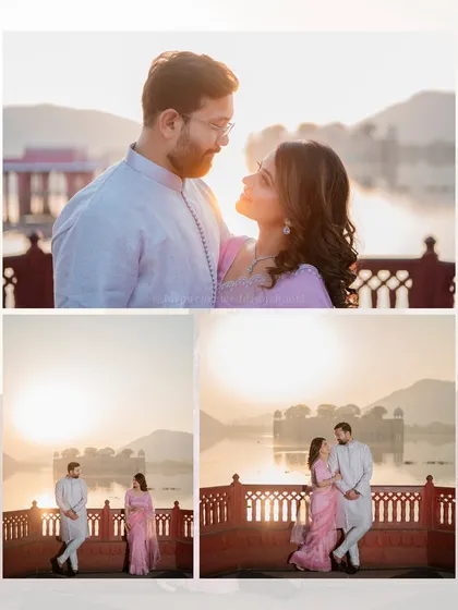 A golden hour shoot for Aditya and Neelam at Jal Mahal. The warm, glowing sun creates a magical and romantic atmosphere.
