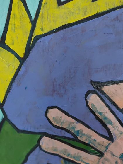 A close up on the crown and hand, showing the thick outlines and blocky colors I used in this piece.
